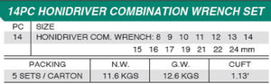 Honiton Honidriver Combination Wrench Set 8-24mm 14pcs