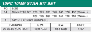 Honiton Star Bit Set T20-T55 15pcs