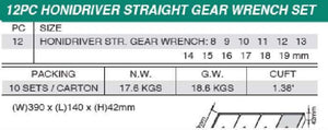 Honiton Honidriver Straight Gear Wrench Set 8-19mm 12pcs