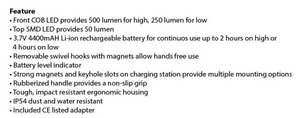 B&W WL600U – 500 Lumen Rechargeable COB Tube Light with Charging Station